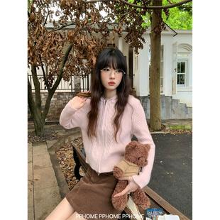 PPHOME自制~北海道日落 连帽针织开衫秋冬韩系慵懒拉炼毛衣短上衣