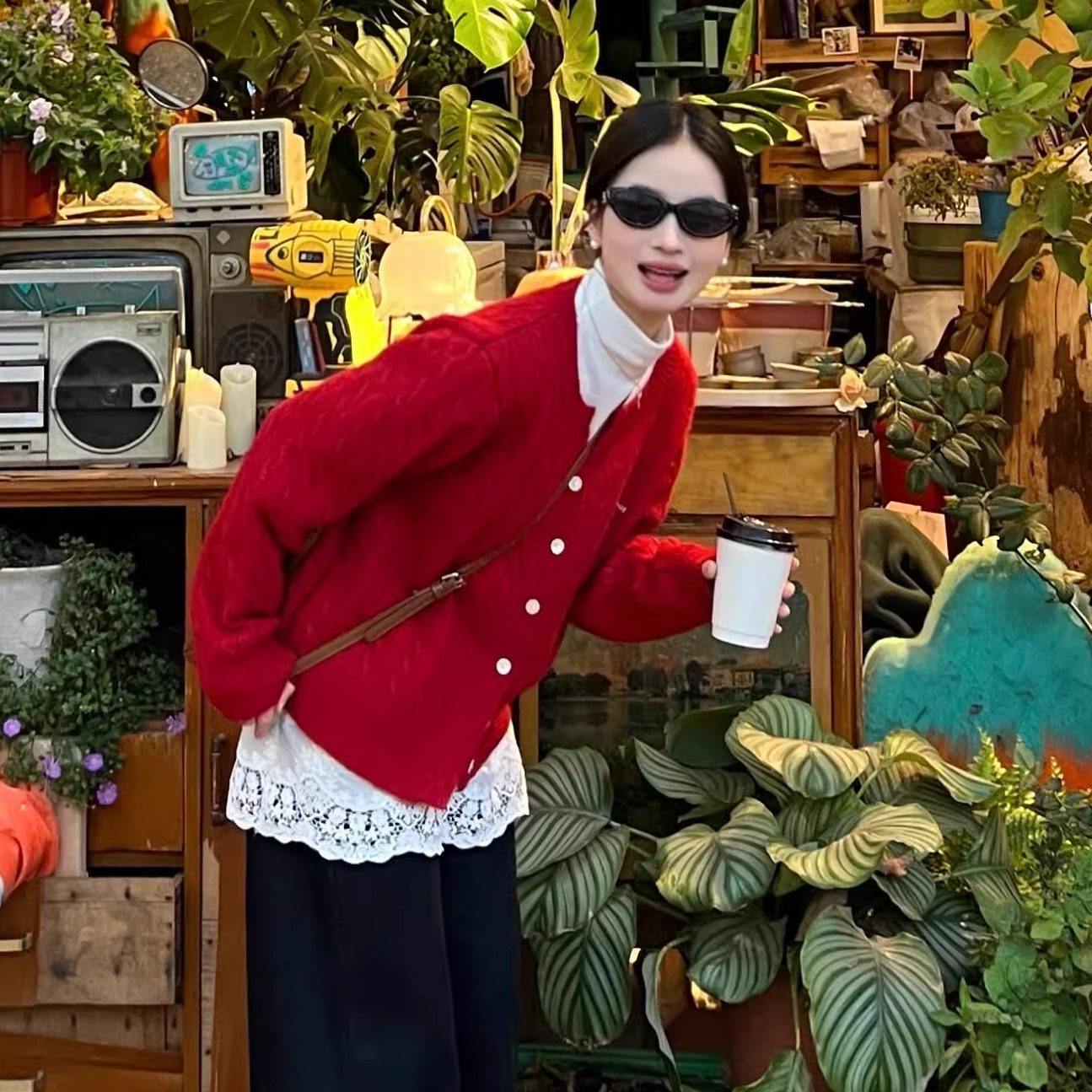 新年红色麻花长袖针织开衫女秋冬季加厚慵懒宽松百搭毛衣外套上衣,女装/女士精品,毛针织衫,淘宝优惠券,粉丝福利购,淘宝优惠卷