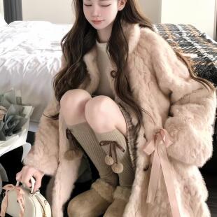 高级感中古粉貂环保皮草毛毛外套女中长款冬厚外套新款蝴蝶结大衣