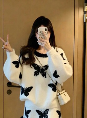 红色蝴蝶提花针织套装女2026新款春季穿搭荷叶边上衣半身裙两件套