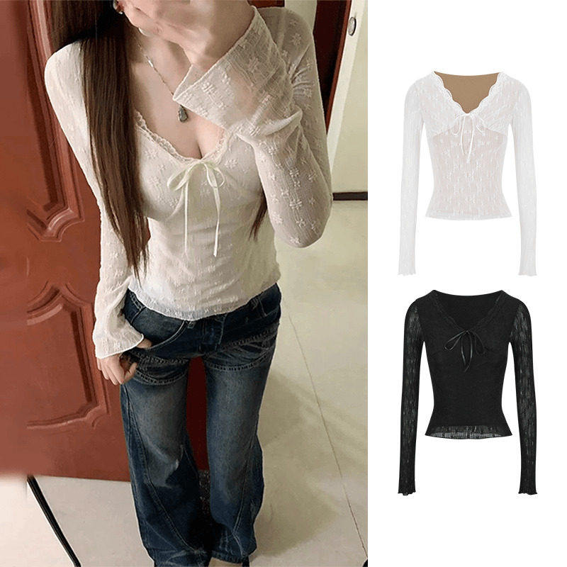 辣妹纯欲风性感蕾丝拼接V领长袖T恤打底衫女冬季白色显瘦内搭上衣