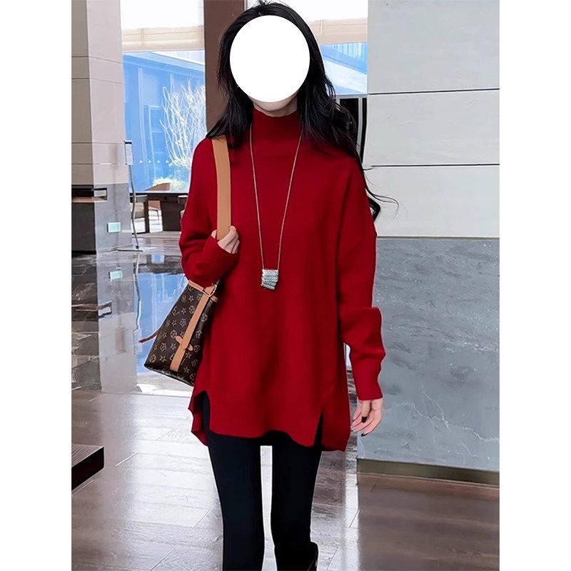 设计感红色开叉下摆开衫高领毛衣女2025春季新款高级感中长款上衣,女装/女士精品,毛针织衫,淘宝优惠券,粉丝福利购,淘宝优惠卷