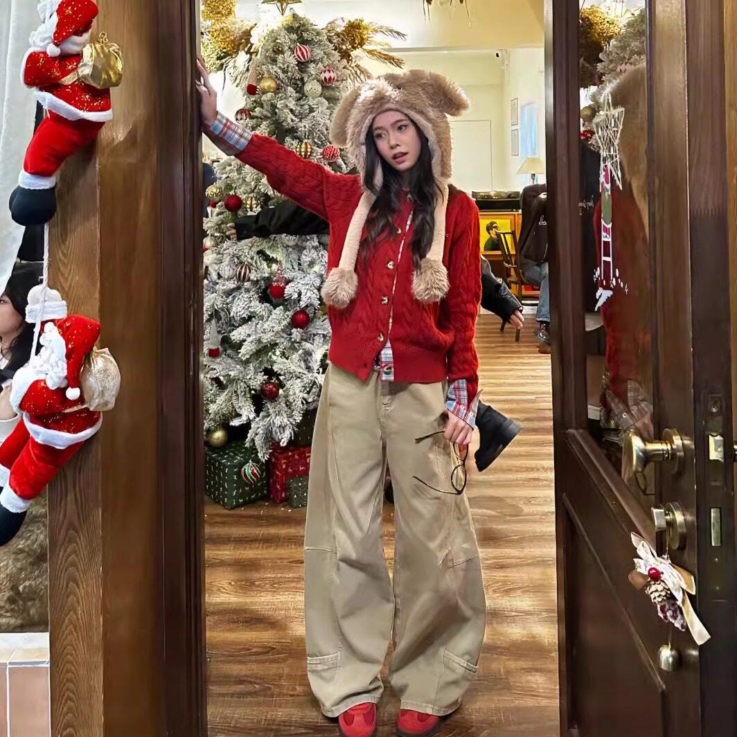 红色开 衫毛衣女秋冬季设计感格纹拼接假两件上衣学院风针织衫外