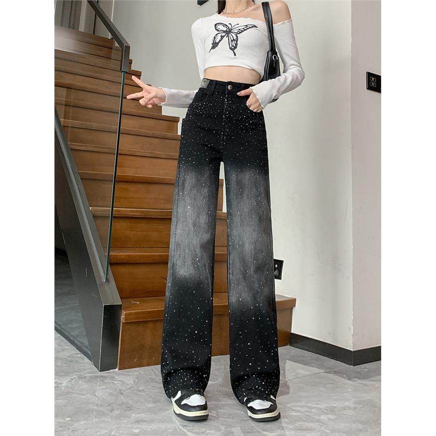 烫钻牛仔裤女渐变色黑色2025春秋新款气质亮闪闪带钻阔腿直筒裤子