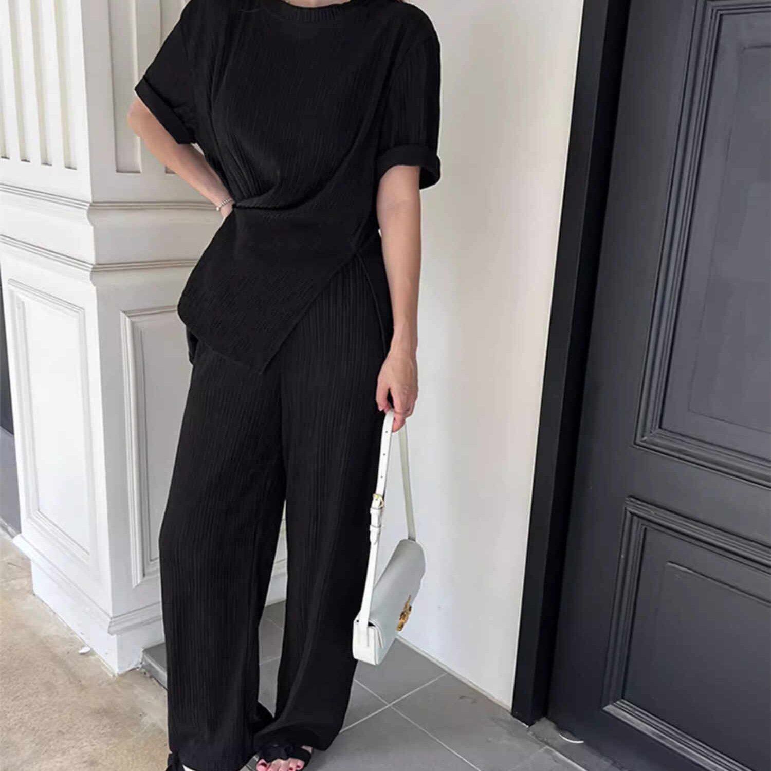 韩国 套装 夏季新款显瘦休闲时尚两件套纯色短袖T+阔腿裤长裤9072