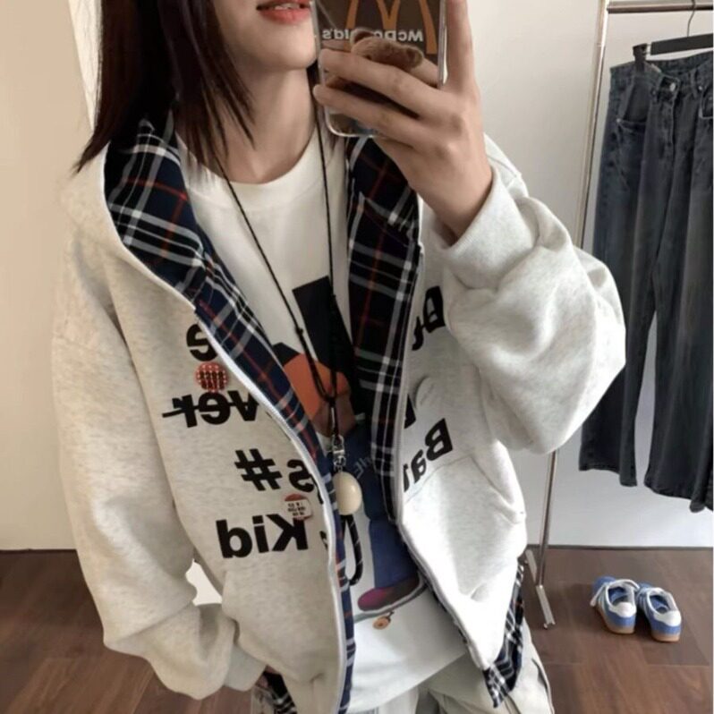 假两件拼接格子连帽卫衣外套女2026新款春秋款美式情侣开衫秋
