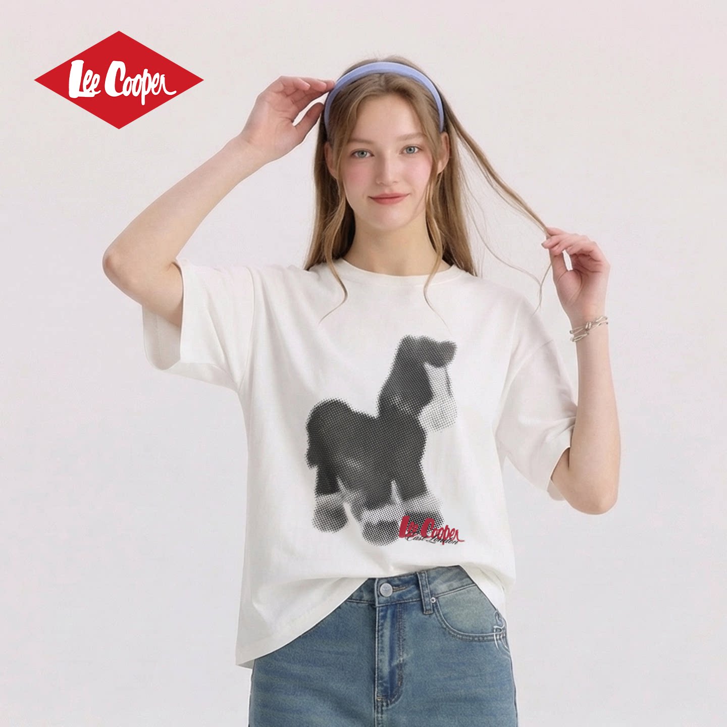 Lee Cooper卡通印花短袖T恤白色休闲上衣男女同款小马圆领动物