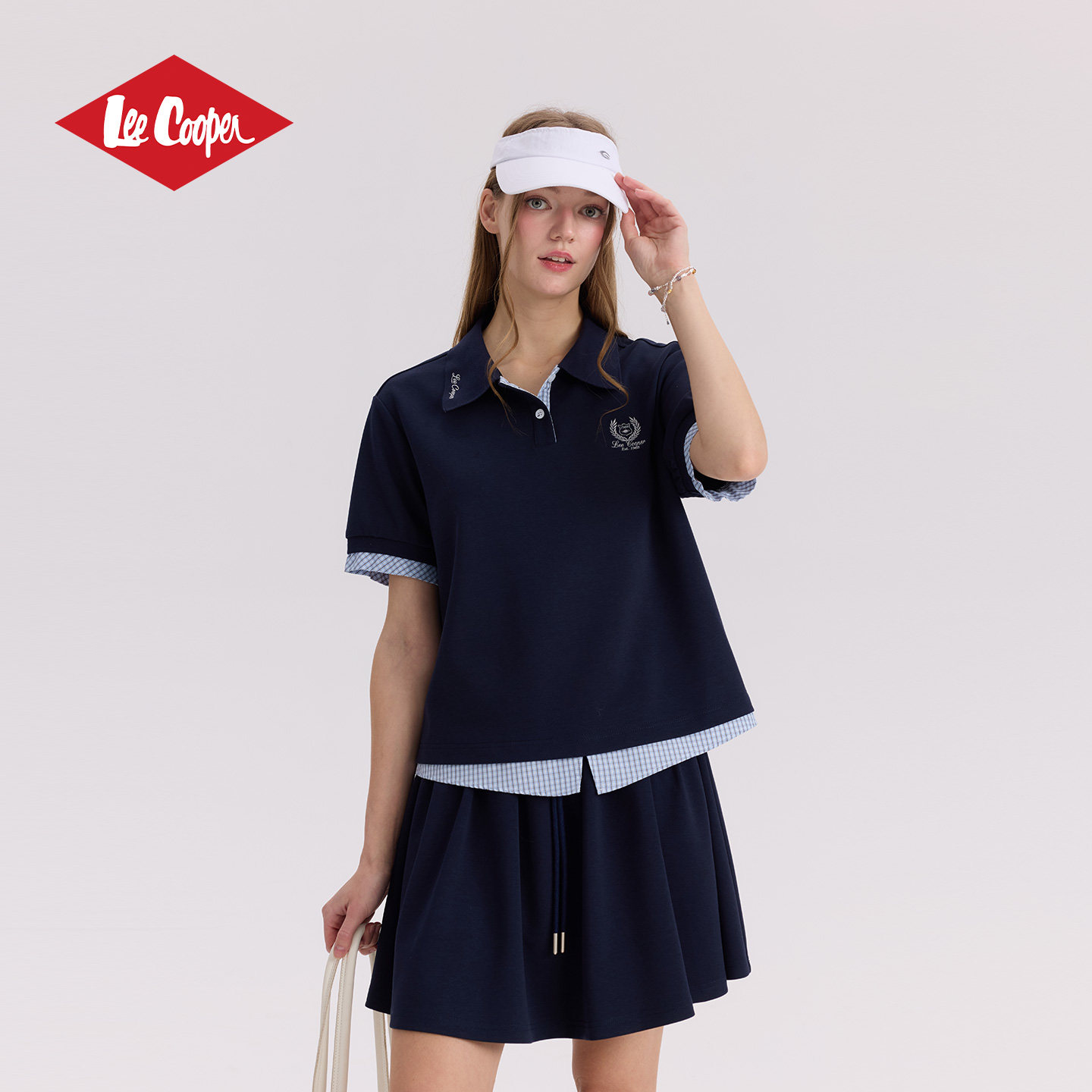 Lee Cooperpolo衫短袖假两件格子拼接百搭夏季新款运动风女生休闲