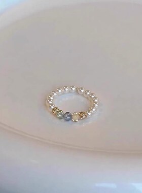 彩色捷克珠与珍珠镶嵌女戒小众