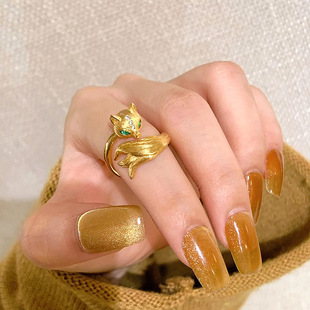 九尾灵狐~复古金色拉丝小狐狸戒指森系小众潮流轻奢高级感食指戒