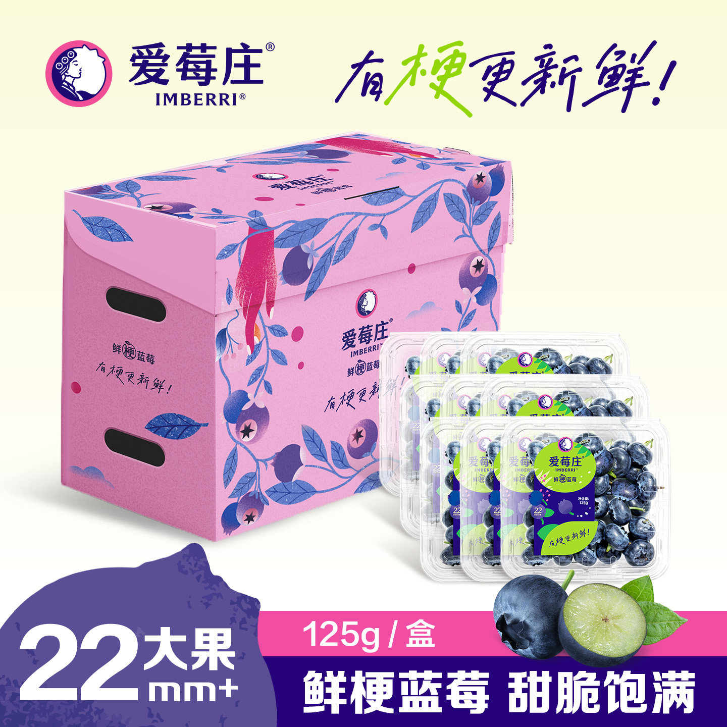 爱莓庄云南花香蓝莓源头果园鲜梗蓝莓脆甜新鲜125g/盒22mm+超大果