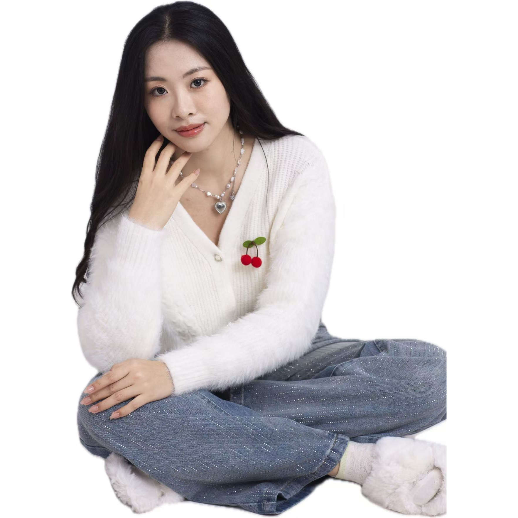 V领百搭针织开衫甜美樱桃单排扣仿貂绒毛衣女