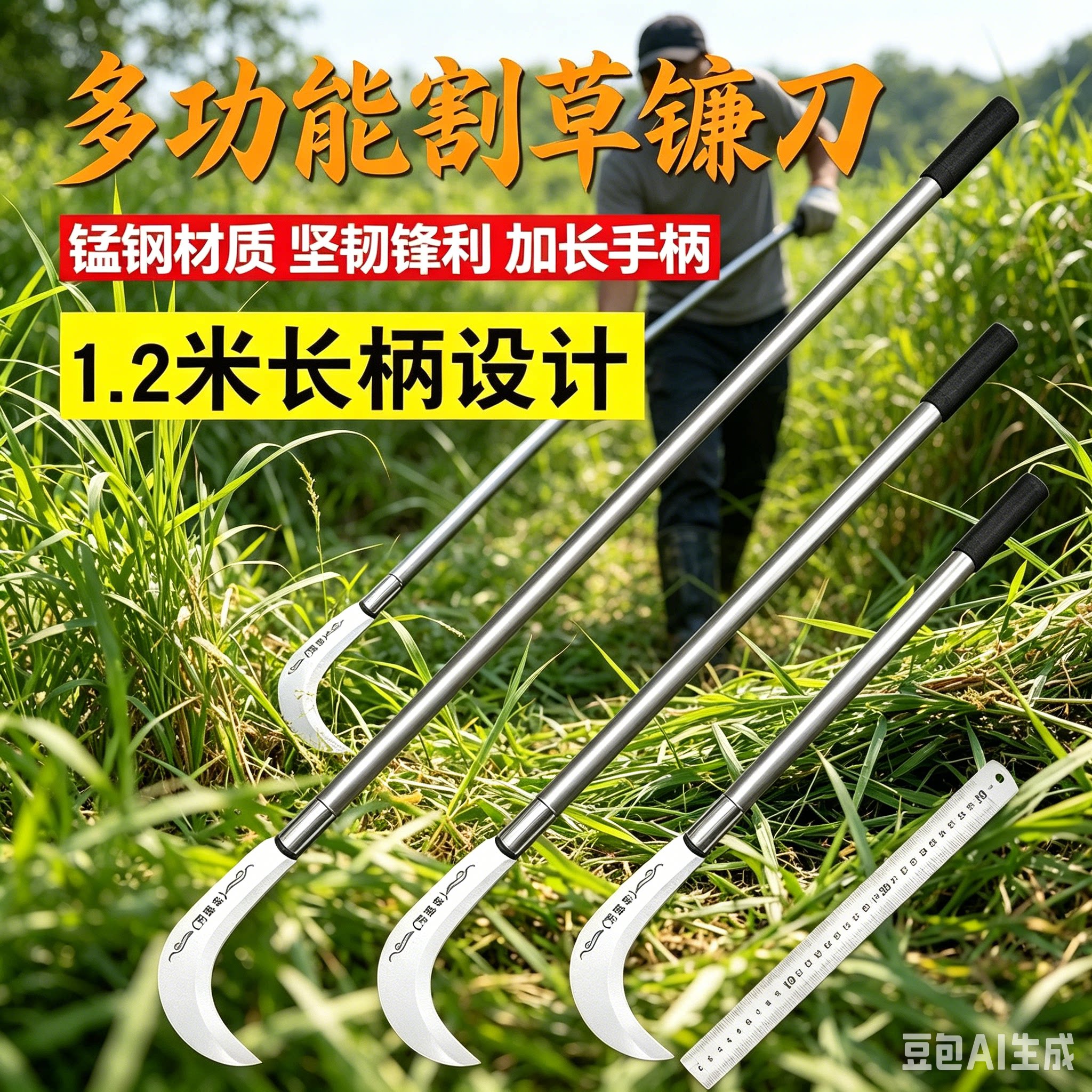 农用锰钢长柄镰刀多功能割草加厚加长农具除草砍柴开荒跨境刀具CX