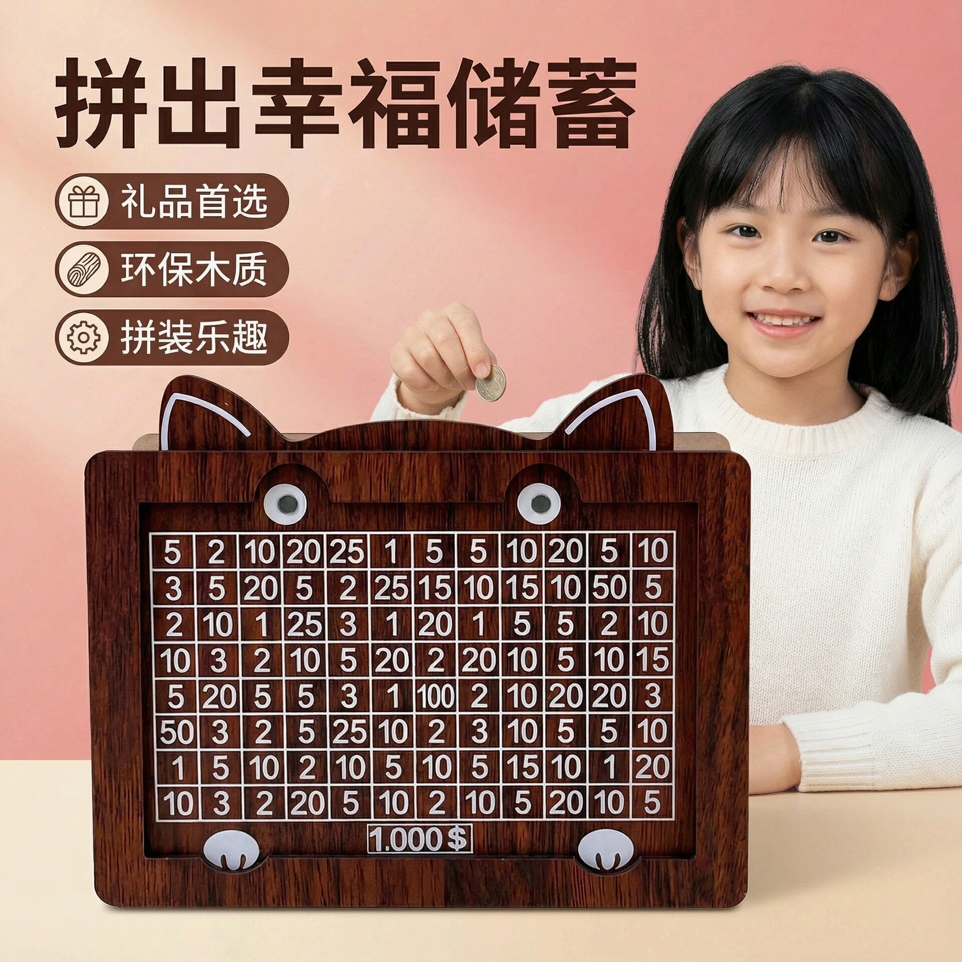 木质存钱罐一万元划数字储蓄放纸币车内装饰车用纸巾盒CX