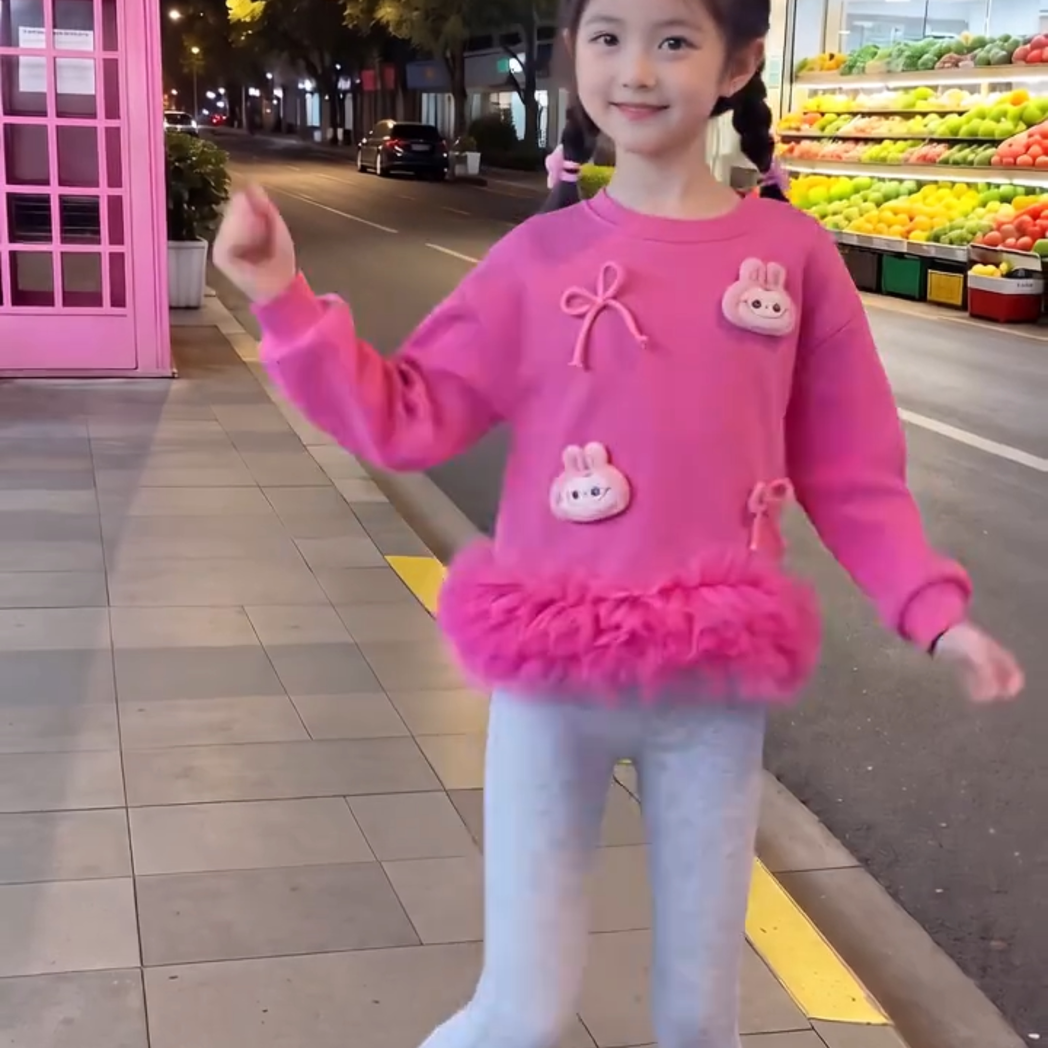 女童早秋网纱卫衣两件套可爱卡通蝴蝶结贴布上衣打底裤套装