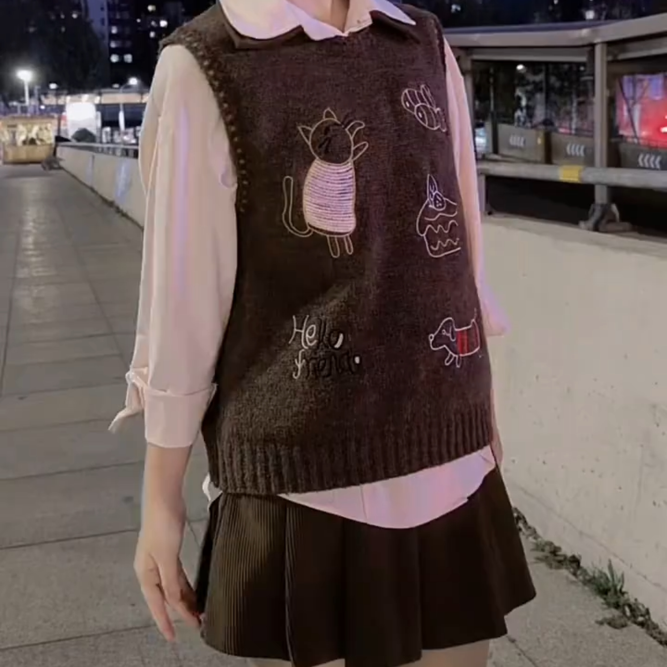 中大童女童2026秋冬韩系绣花针织马甲粉色衬衫洋气两件套上衣