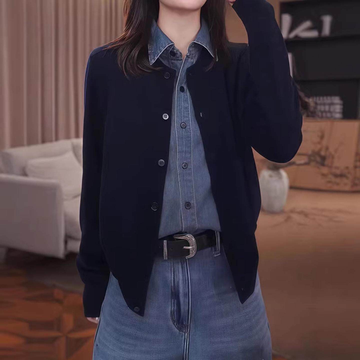 新款拼色假两件长袖牛仔拼接撞色衬衫2026春季女装设计感长袖上衣