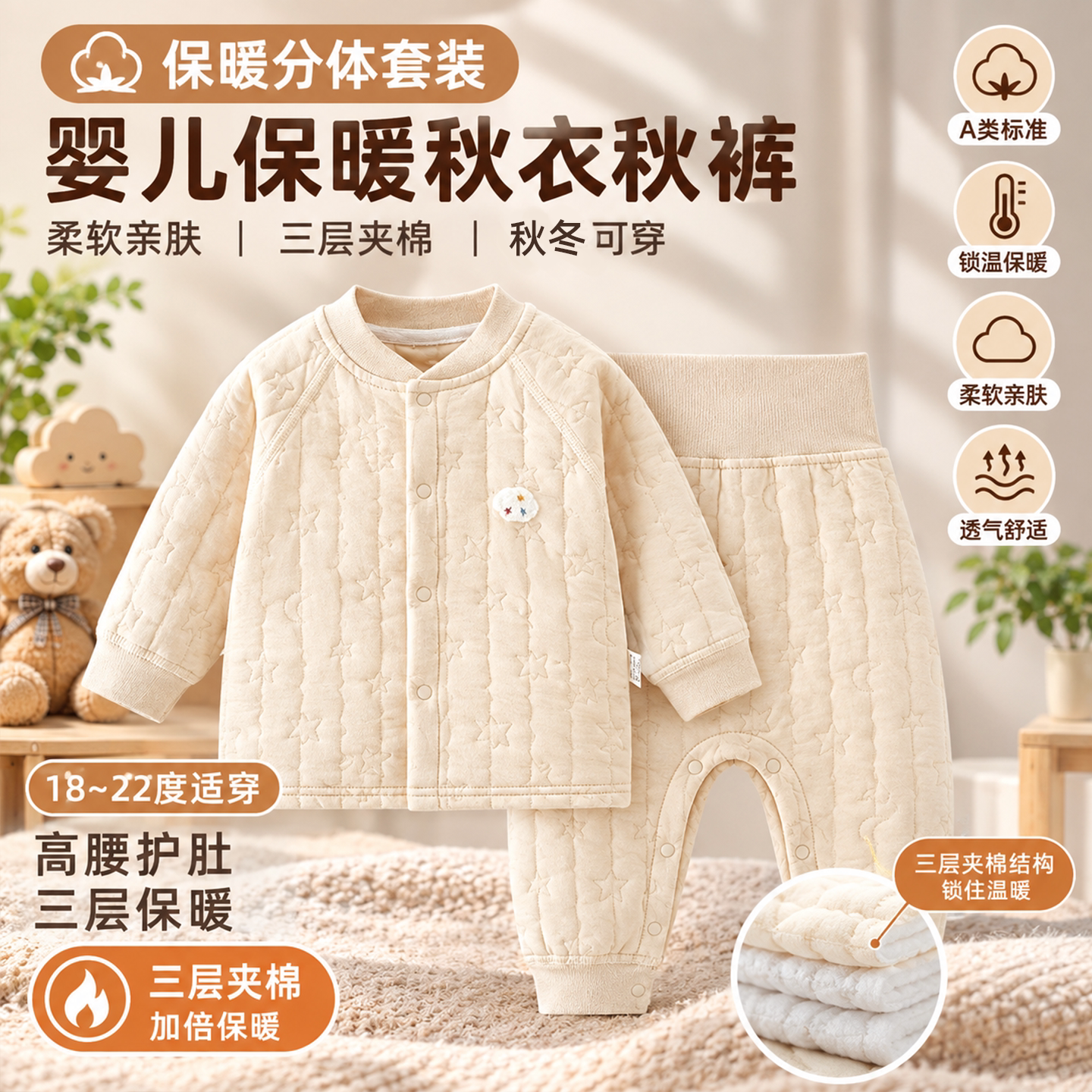 婴儿衣服薄棉保暖分体套装秋冬款