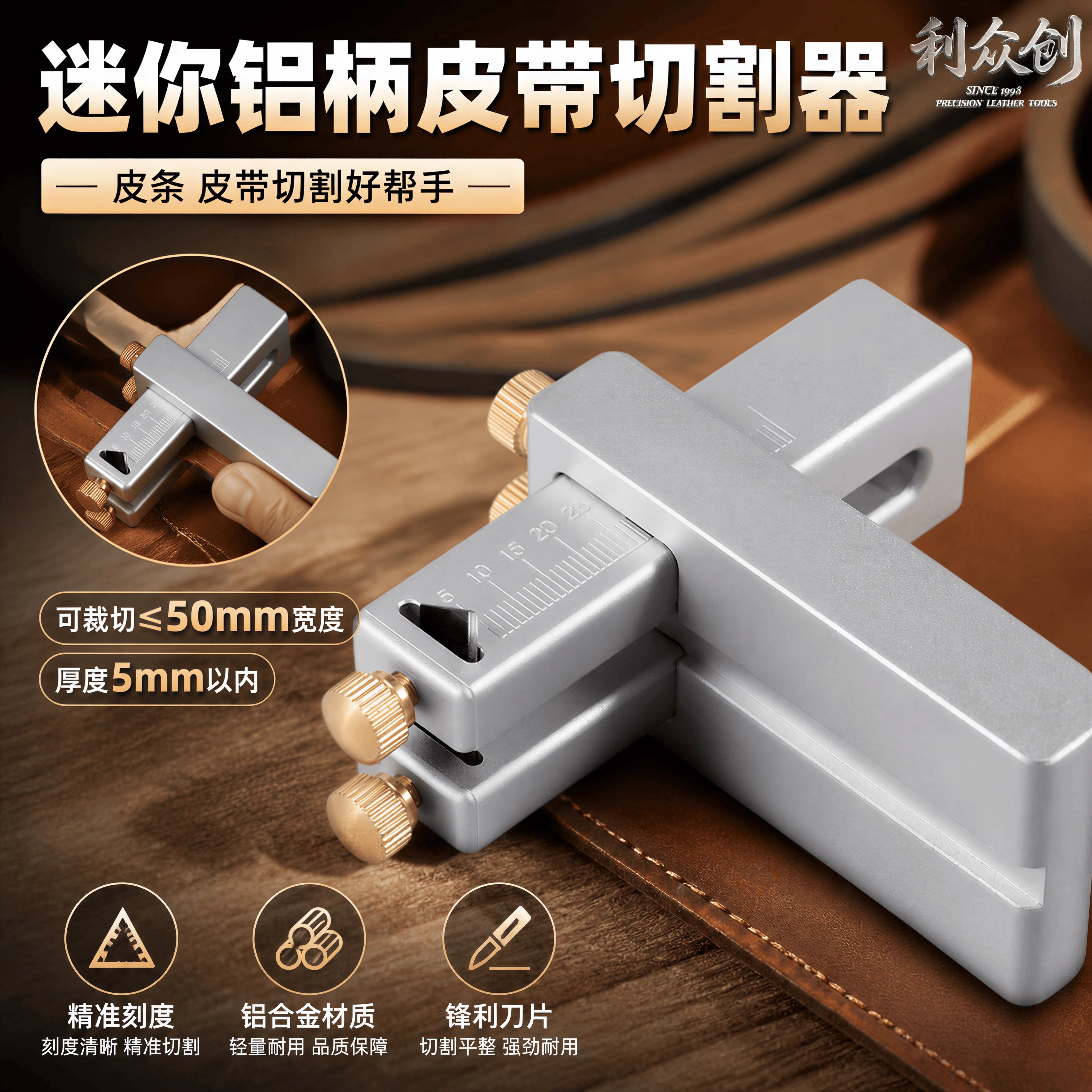 新款迷你铝合金手柄皮带切割皮条切割皮绳分割器皮革裁条DIY工具