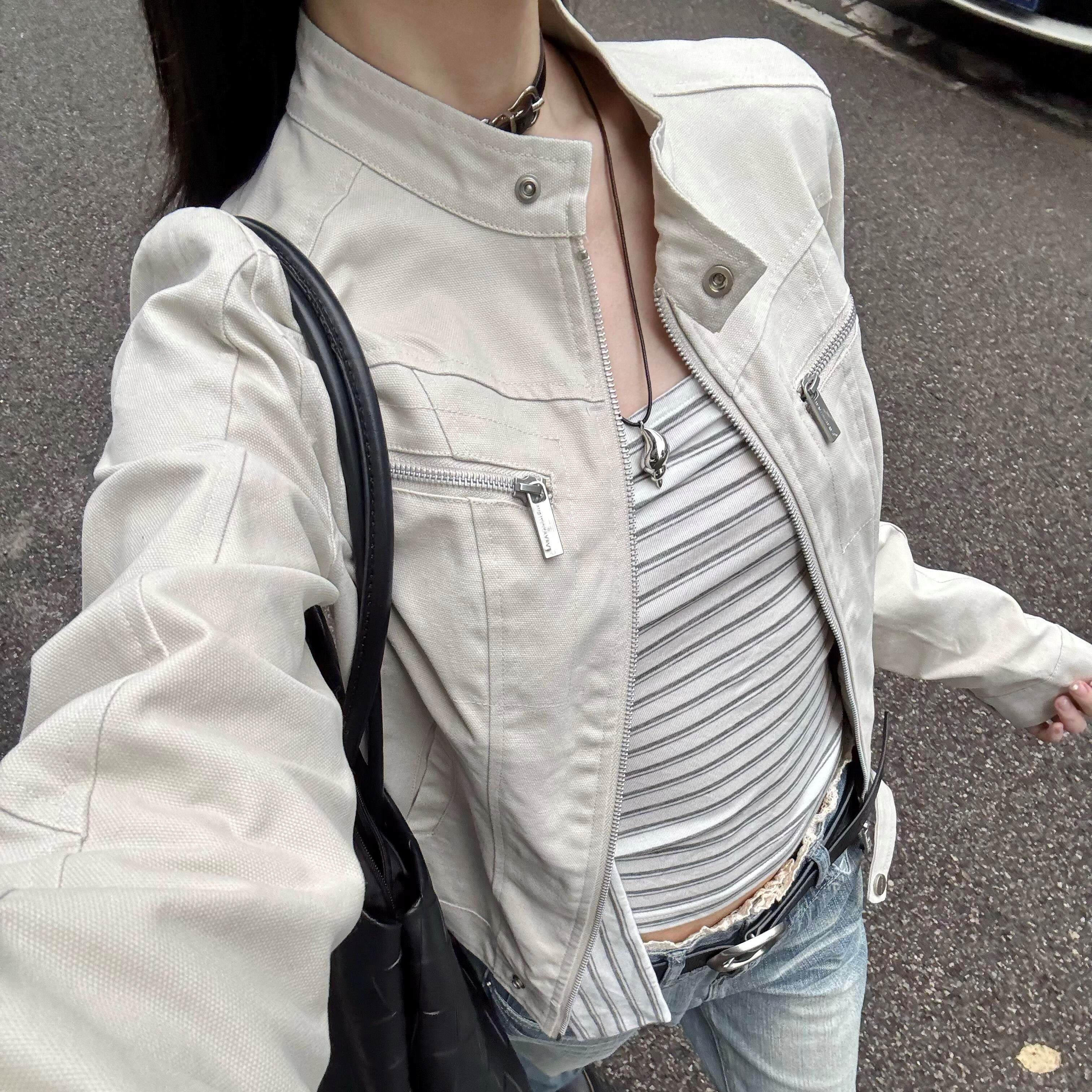 美式复古短款立领修身外