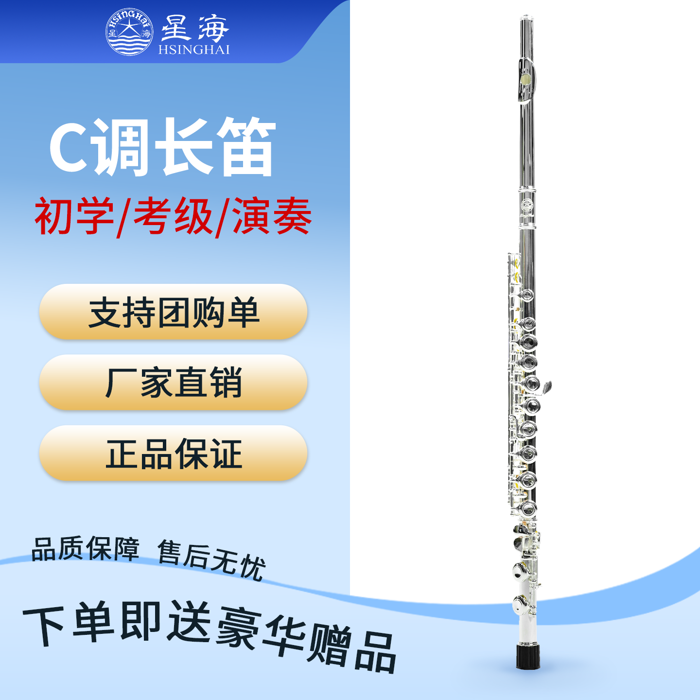 星海长笛镀银C调16键闭孔曲列E键长笛子专业院校考级长笛乐器