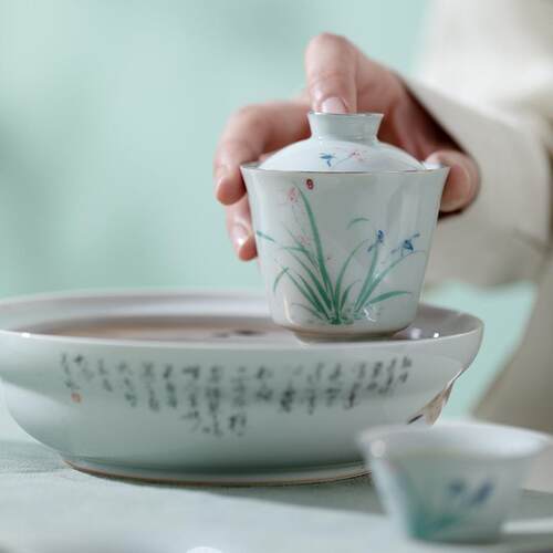 束刻 手绘兰花盖碗茶杯单个家用泡茶碗手工陶瓷不烫手泡茶杯日式