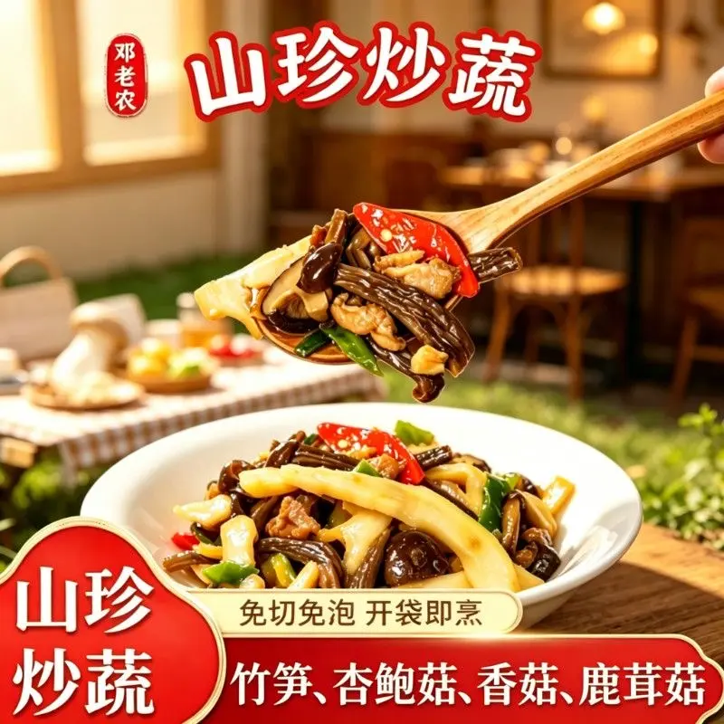山珍炒蔬开袋即炒嫩竹笋尖鹿茸菇杏鲍菇香菇组合笋制品鲜脆嫩爽口