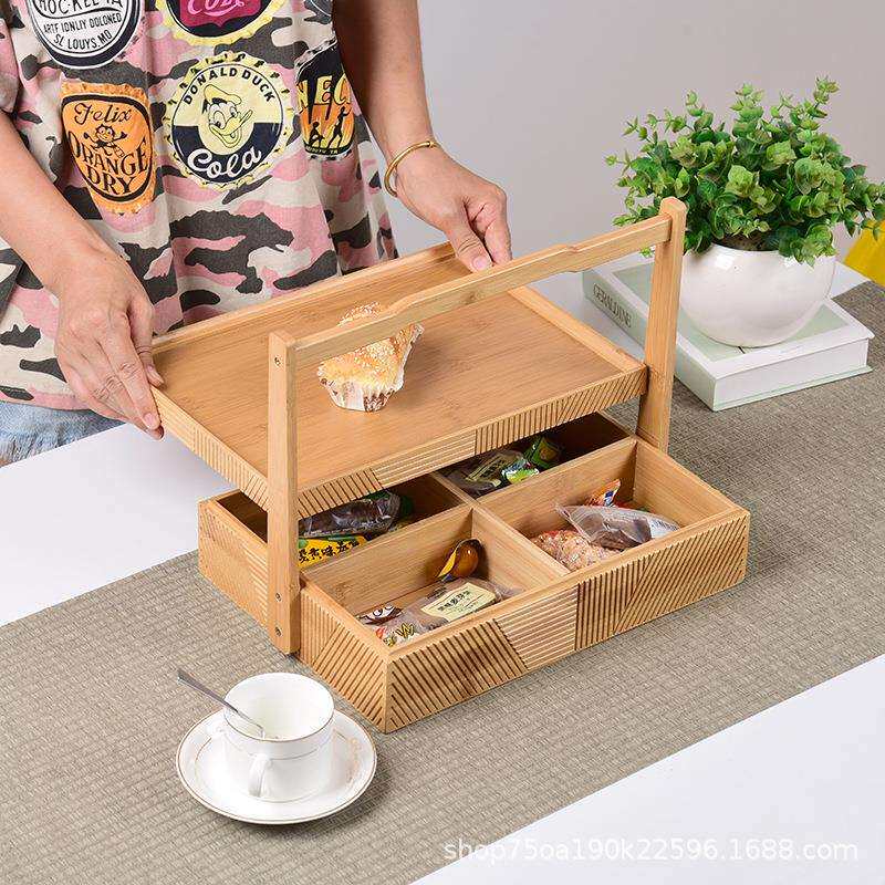 网红手工编织酒店果盘茶点盘展示架手提提篮创意竹制便携茶果提盒