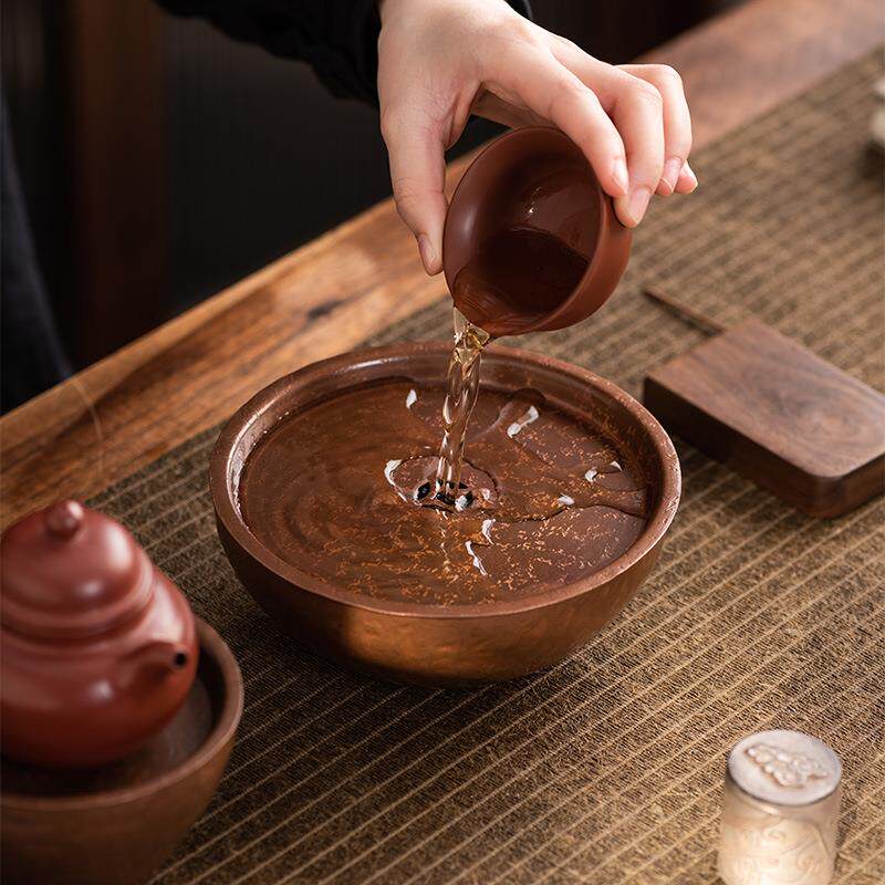 纯铜建水加厚茶渣缸茶洗手工锤目纹大小号水盂笔洗茶具紫铜茶渣桶