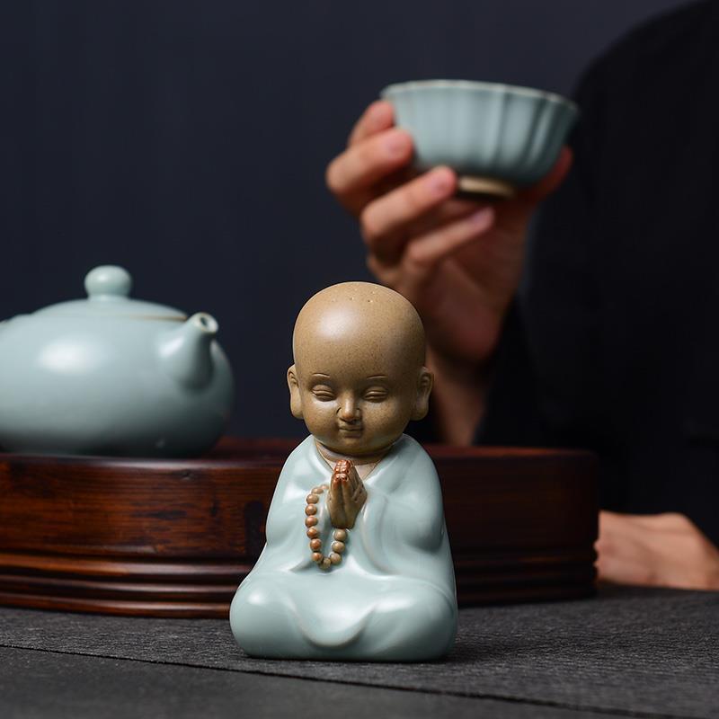 汝窑小和尚茶艺茶桌茶宠摆件可养创意开片汝瓷茶具茶盘小摆件悟禅