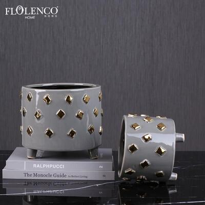 现代简约陶瓷电镀方金盆花瓶客厅样板房家居软装饰品摆件几何形