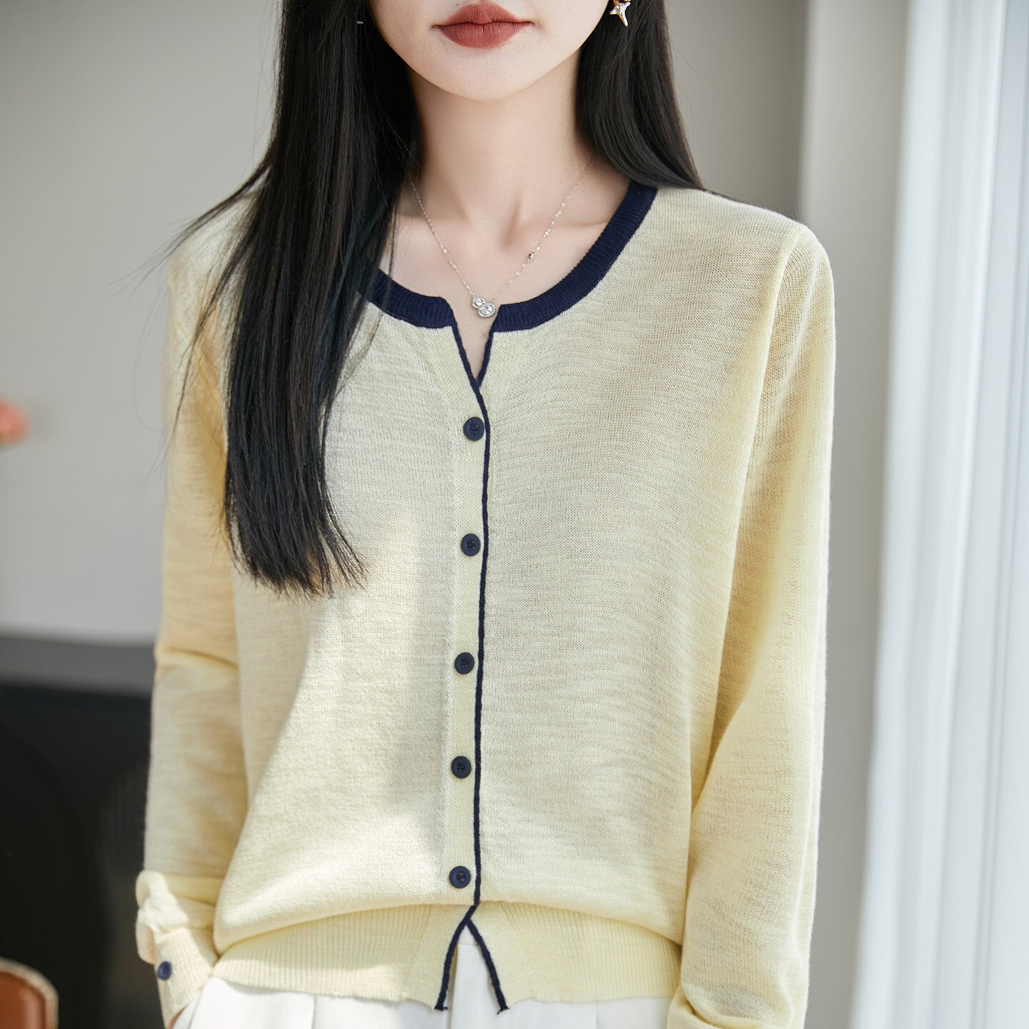 韩版拼色圆领长袖针织开衫女夏季2026新款休闲薄款防晒衣罩衫外搭