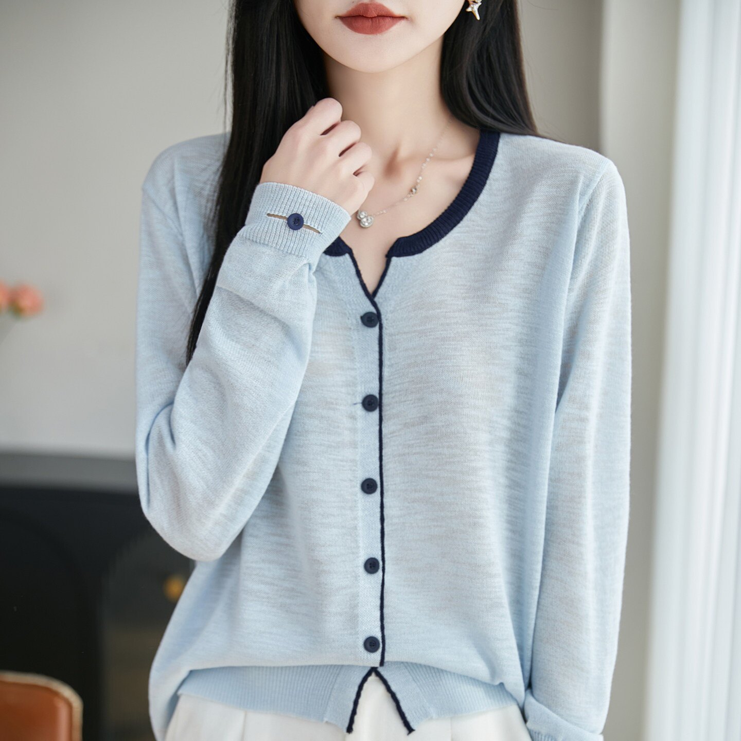 假两件撞色冰麻针织开衫女长袖防晒衣短外套纽扣薄款外搭上衣罩衫