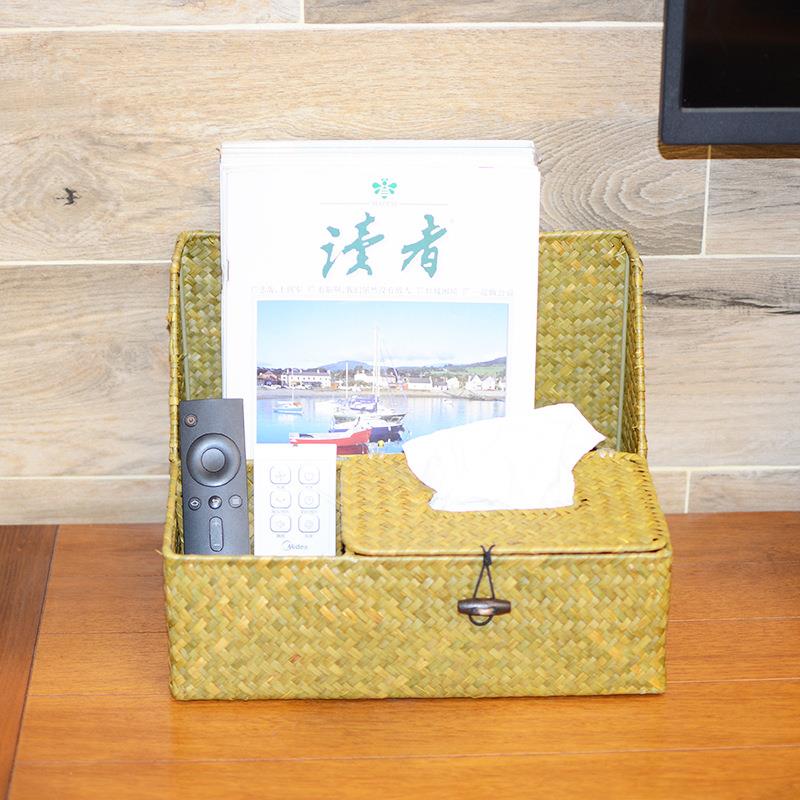 海草编织收纳盒带盖桌面文件整理收纳筐多功能抽式纸巾盒带分格