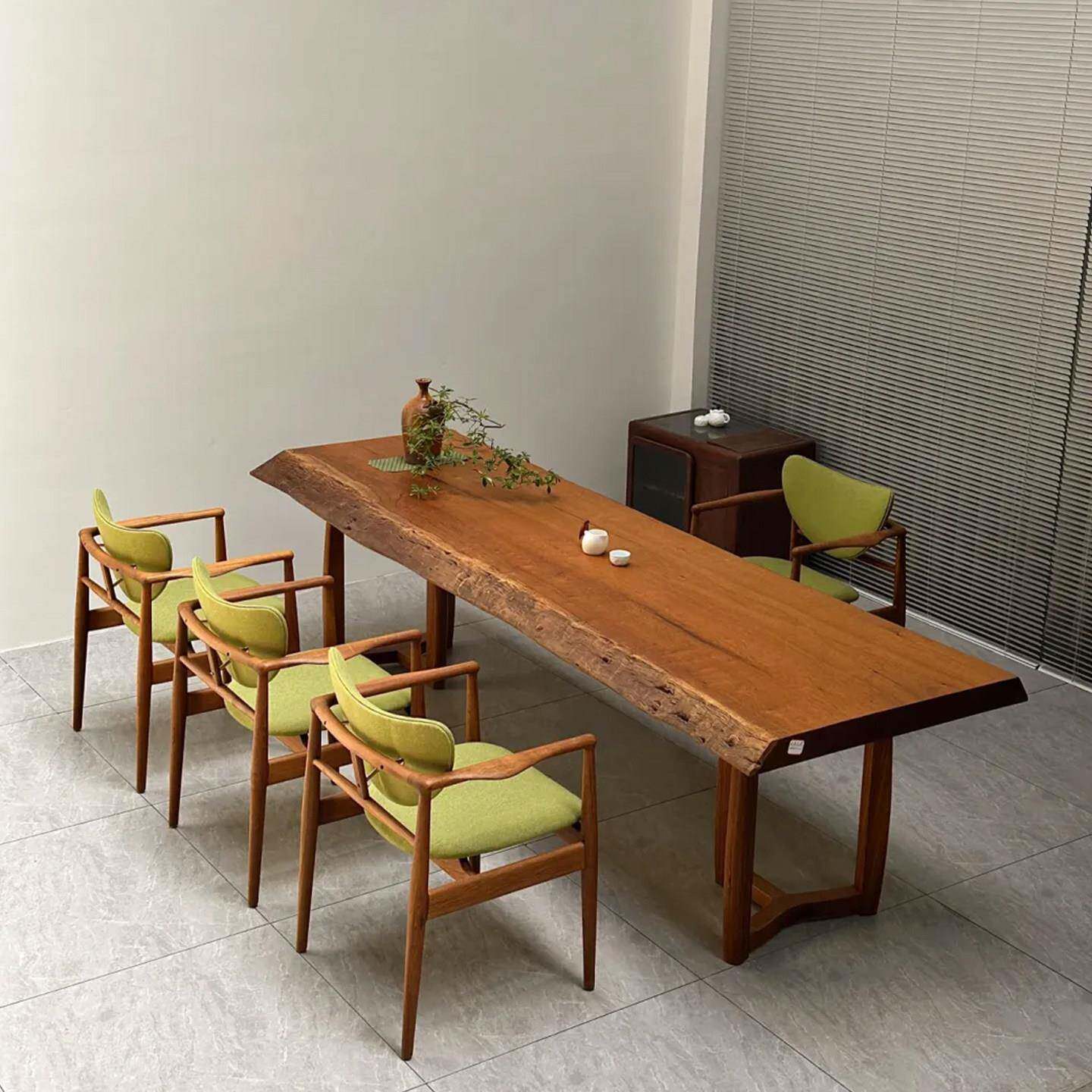 缅甸柚木大板桌实木侘寂风整板茶桌自然边原木餐桌老板办公会议桌