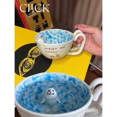 click泳池游泳的海豹 马克杯早餐牛奶咖啡水杯广口陶瓷创意礼物