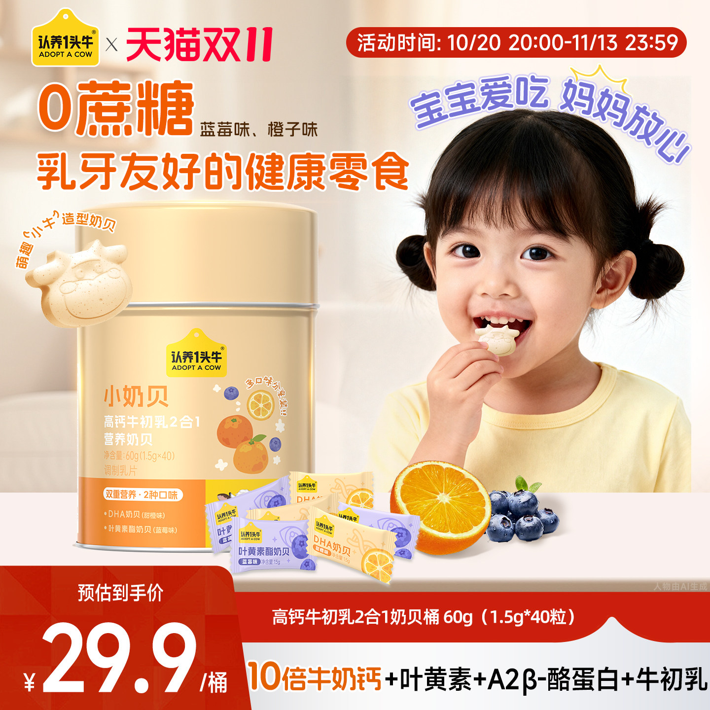 认养一头牛高钙牛初乳2合1小奶贝40片DHA叶黄素健康零食儿童奶片