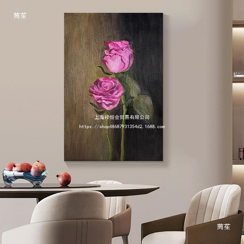 大芬村油画玫瑰花卉中古风客厅装饰画玄关花朵肌理纯手绘复古挂画