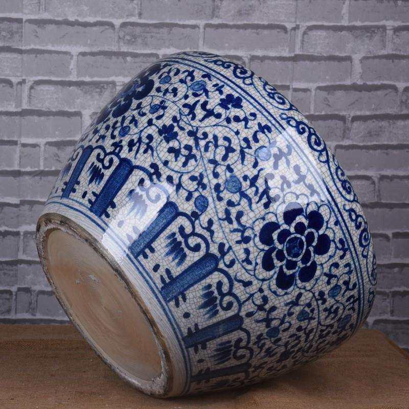 手绘青花缠枝莲仿古开片裂纹釉金鱼缸风水缸栽花养鱼缸书房字画缸