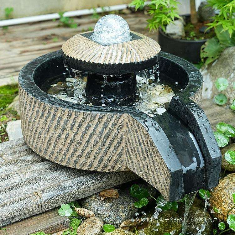 户外人造石石磨流水摆件循环水造景石磨磨盘室外花园假山景观鱼缸