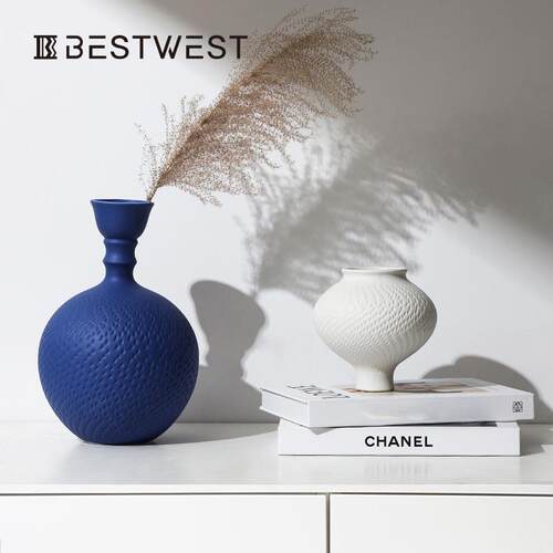 Best west 简约白色克莱因蓝陶瓷花瓶摆件家居样板间装饰品花器
