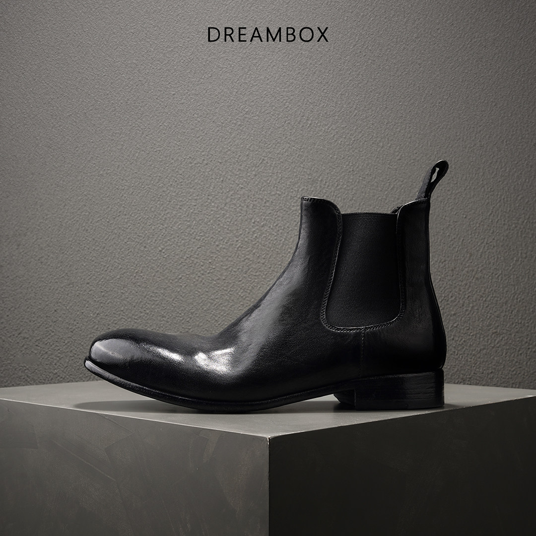 DREAMBOX钧博轻奢男士英伦风套筒切尔西靴石洗马皮纯手工时尚皮靴
