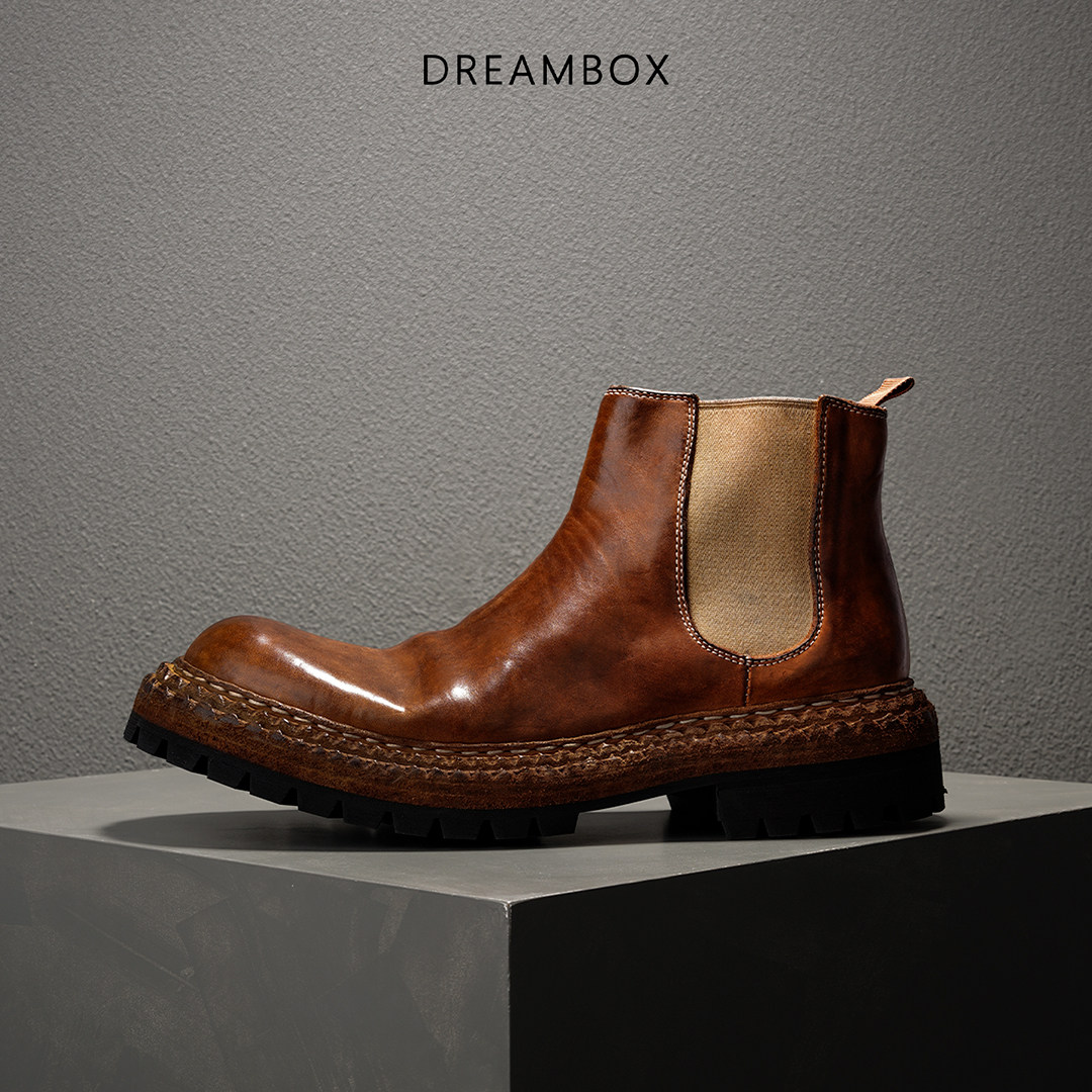 DREAMBOX钧博手工皮靴马皮复古切尔西靴一脚蹬高帮耐磨皮底男靴