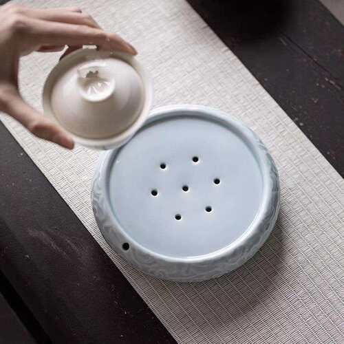红岳中式复古圆形祥云蓄水壶承壶托陶瓷茶托茶具家用手工干泡茶盘