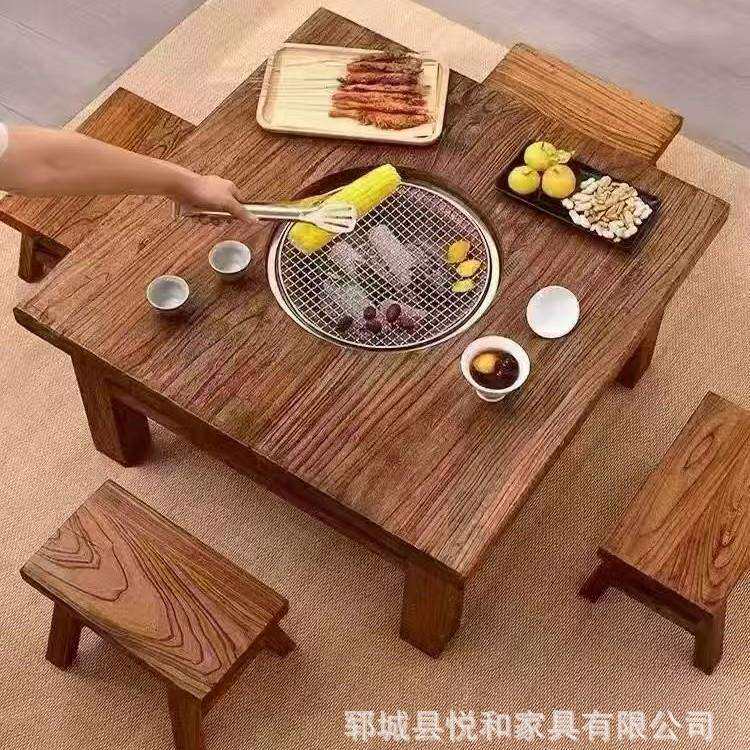 老榆木围炉煮茶桌餐桌实木火锅桌户外阳台禅意网红茶饮桌烧烤桌