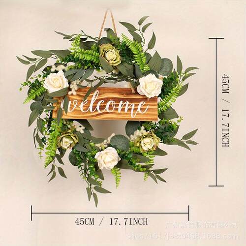 爆款春季花环welcome尤加利仿真花门装饰跨境亚马逊Spring Wreath