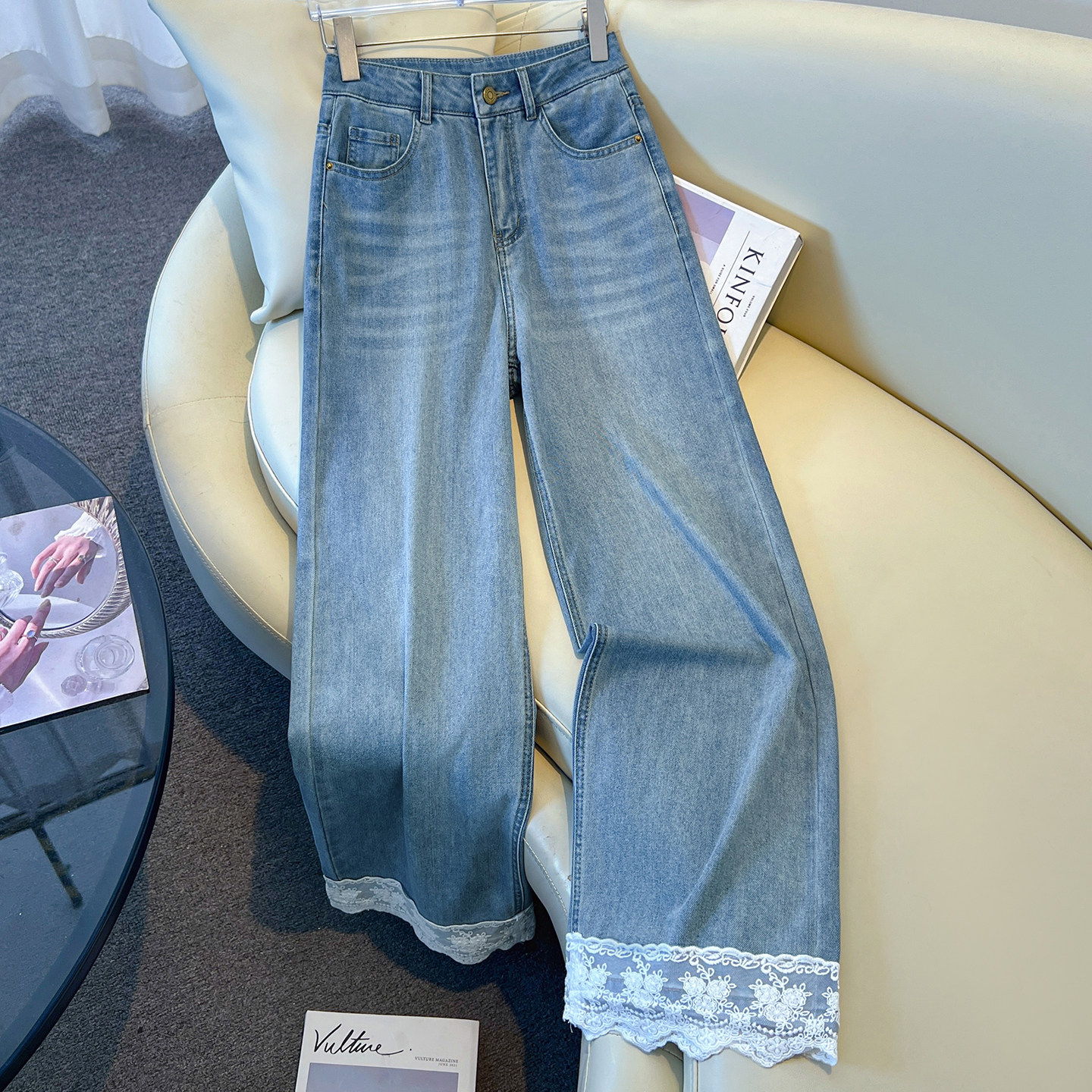 蕾丝花边阔腿牛仔裤女2026夏季高腰显瘦直筒裤小个子宽松九分裤