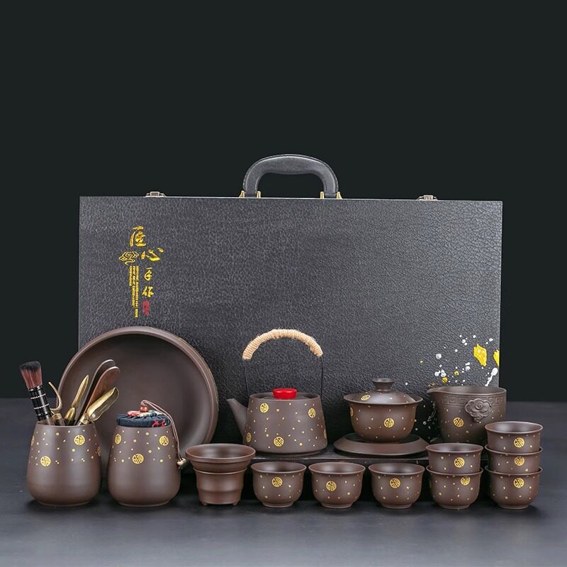 描金紫砂提梁壶功夫茶具礼盒泡茶专用茶具套装复古整套泡茶器
