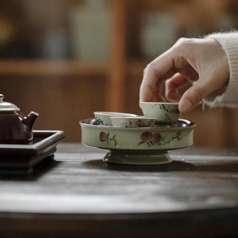 无落 景德镇葡萄紫釉下粉彩手绘桃真书怀壶承 干泡茶席干泡盘 茶