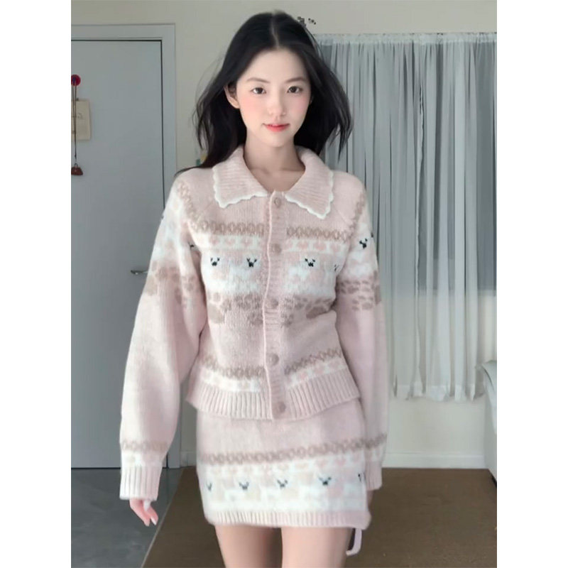 超好看独特漂亮费尔岛毛衣外套修身包臀半身短裙套装